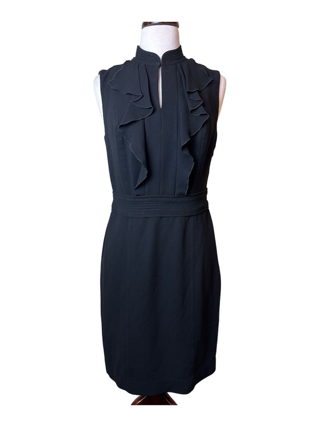 Tory Burch Dress Midi Pencil Size 8 Sleeveless Black Ruffle-Front Elegant